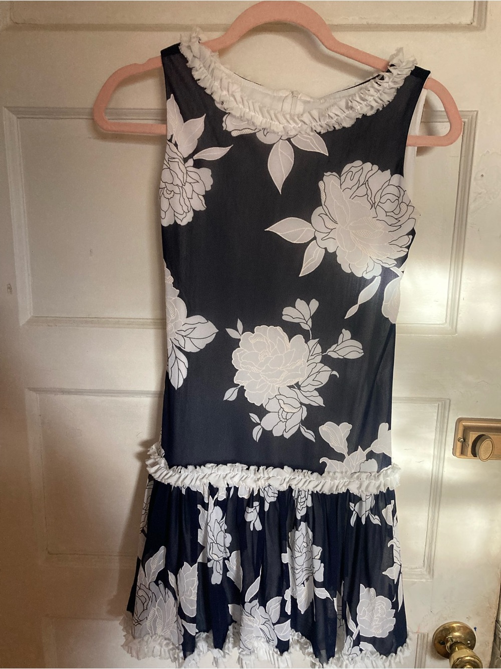 Helena Black and White Floral Ruffle Hem Dress
